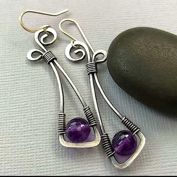 Silver Vintage Handmade Boho Purple Stone Geometric Irregular Dangle Earrings - Picture 1 of 6